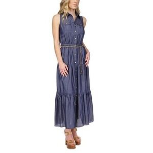 Michael‎ Kors Denim Maxi Dress Shirt Dress Tiered Summer Dress OX /#8001
